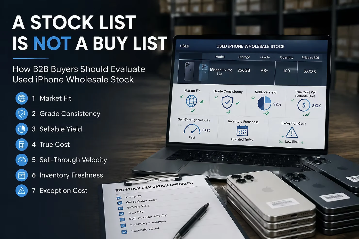 B2B buyer evaluating used iPhone wholesale stock using seven commercial metrics
